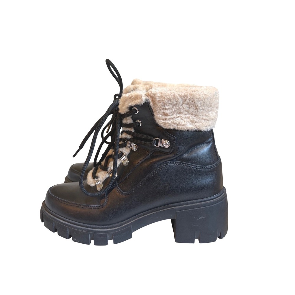 Steven New York Henlie Black Leather Faux Fur Combat Boots 7M HENL01D1